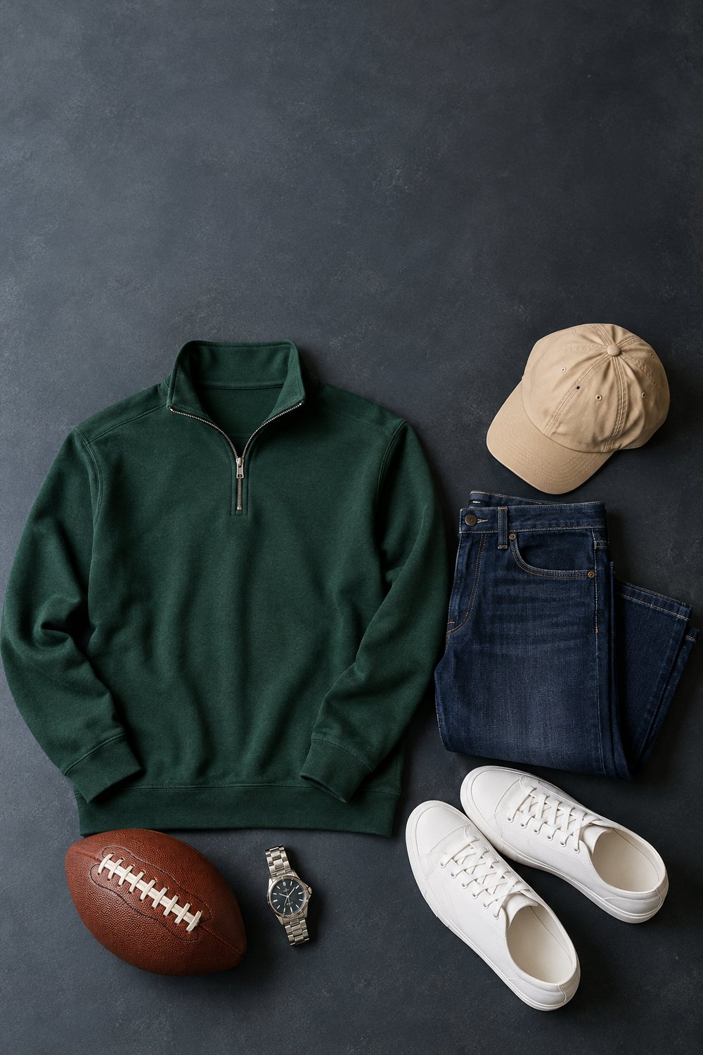 Flat lay of a green quarter-zip, dark jeans, tan cap, white sneakers, watch and football for a men's Super Bowl party outfit