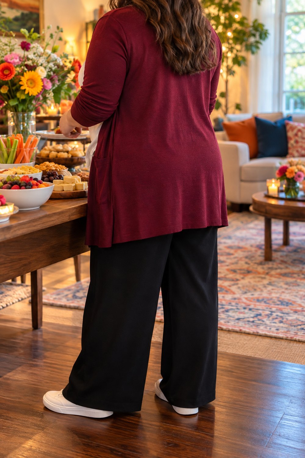 Woman seen from behind in a long burgundy cardigan and black wide-leg pants at a party snack table