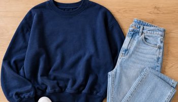 Flat lay of a navy oversized sweatshirt, light-wash jeans, white sneakers, gold hoops and a football for a Super Bowl party outfit