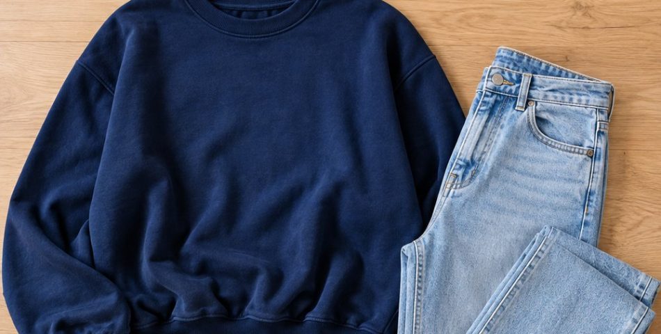 Flat lay of a navy oversized sweatshirt, light-wash jeans, white sneakers, gold hoops and a football for a Super Bowl party outfit