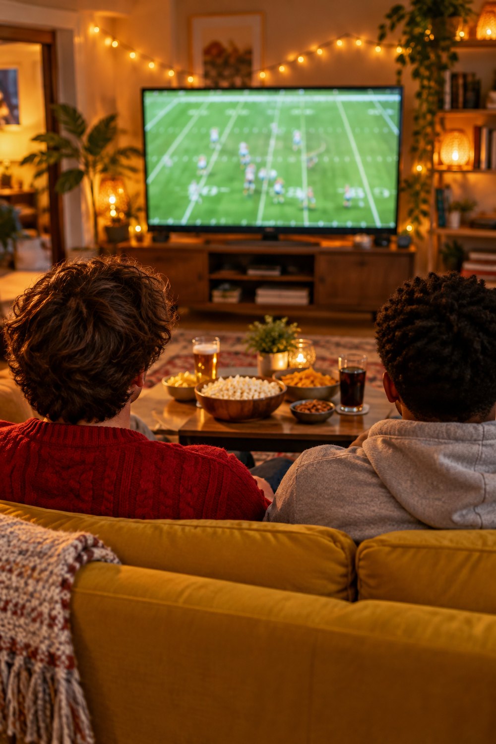Two friends seen from behind on a yellow sofa in a red sweater and grey hoodie watching football at a living room party