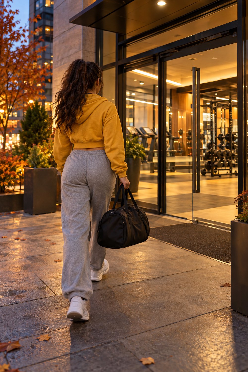 Woman in grey sweatpants and a mustard cropped hoodie carrying a black duffel into a gym at dusk