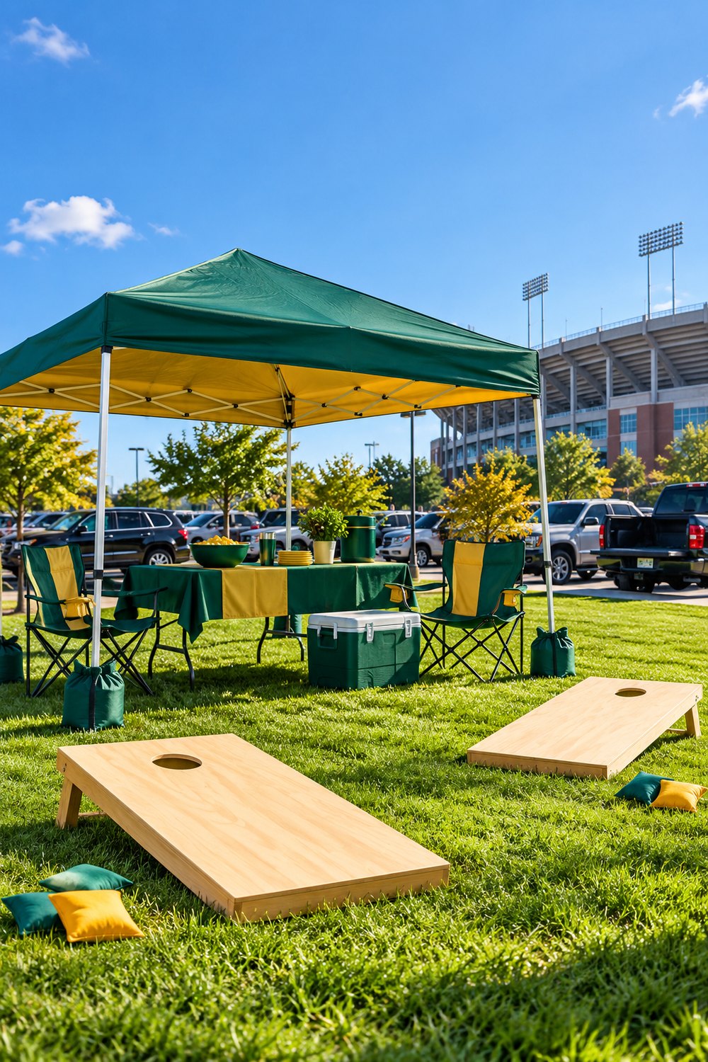 Green and gold canopy tent with sandbag weights over a table, with plain cornhole boards on the grass