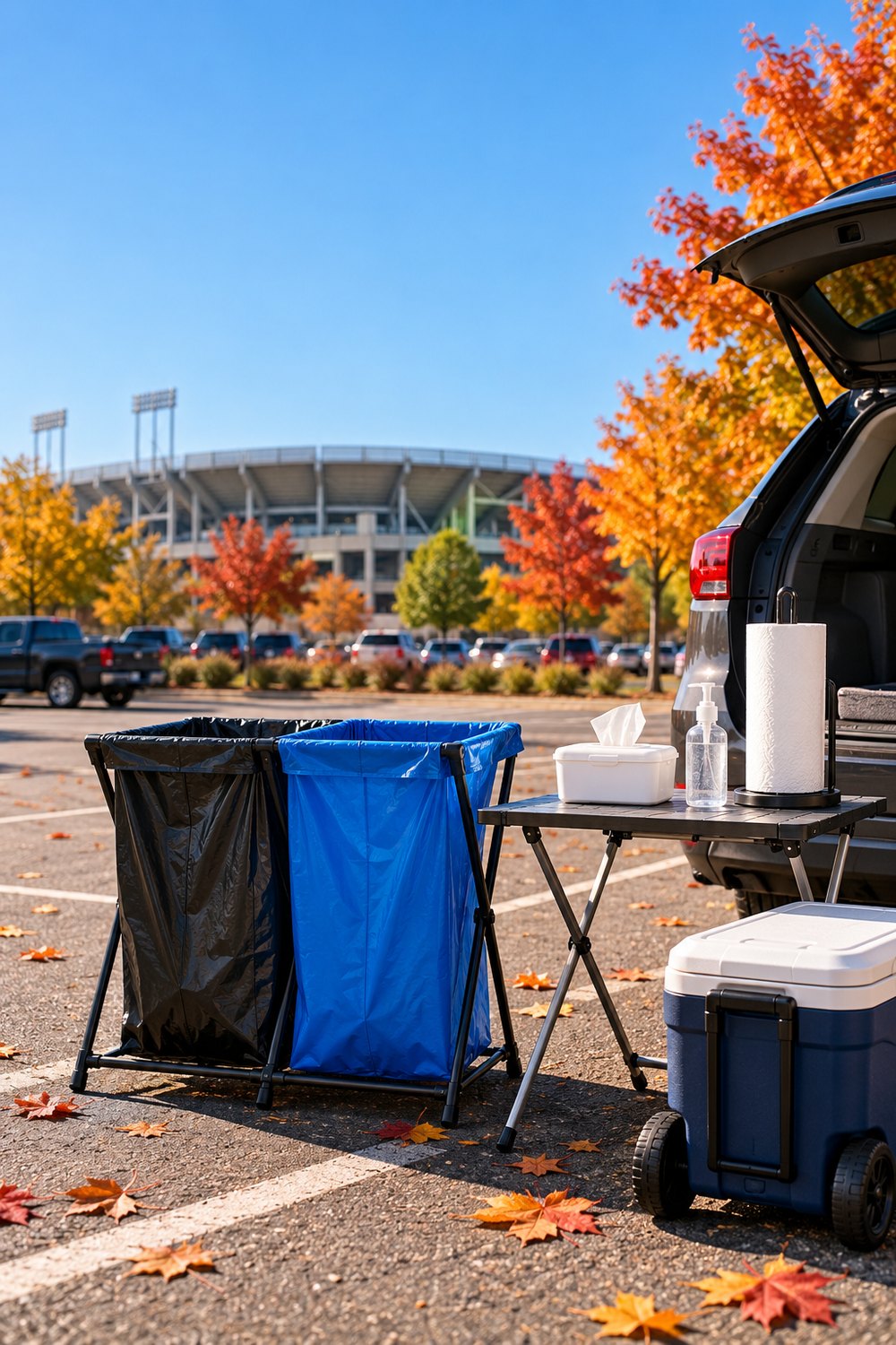 Tailgate cleanup station with separate trash and recycling bags, wet wipes, hand sanitizer and paper towels beside a car