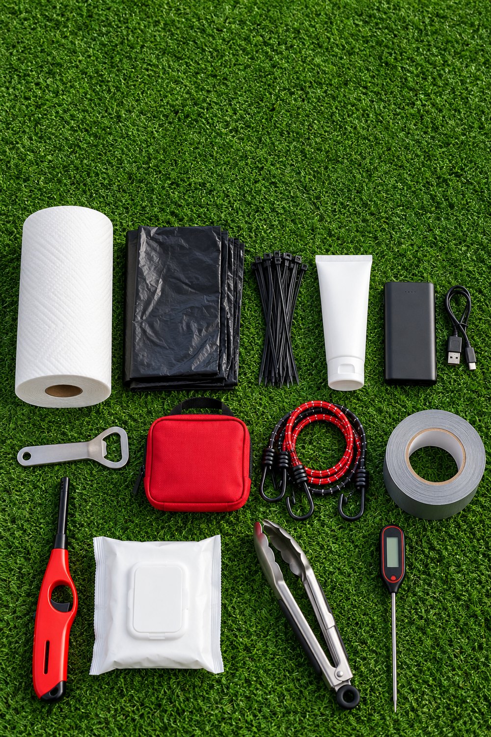 Flat lay of tailgate essentials on turf including paper towels, trash bags, zip ties, power bank, first aid kit, tongs and a food thermometer