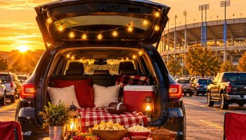 Tailgate essentials setup behind an open SUV with string lights, a checkered table, red cooler and folding chairs at sunset