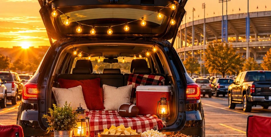 Tailgate essentials setup behind an open SUV with string lights, a checkered table, red cooler and folding chairs at sunset
