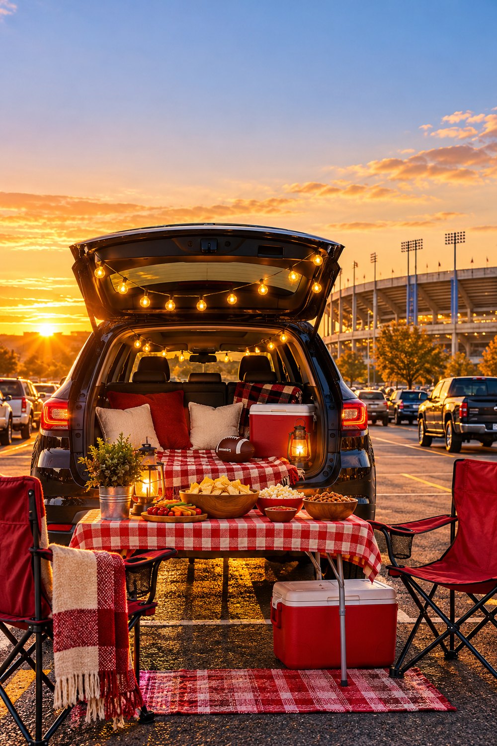 Tailgate essentials setup behind an open SUV with string lights, a checkered table, red cooler and folding chairs at sunset