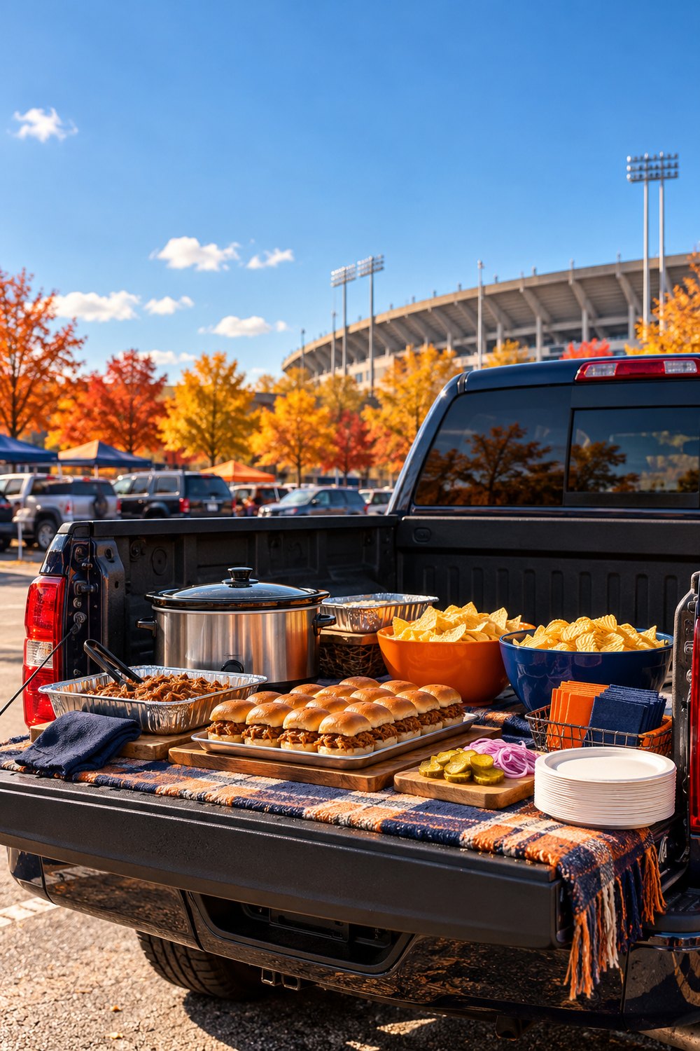 Pickup truck bed set up as a tailgate food station with a slow cooker, sliders, chips and paper plates