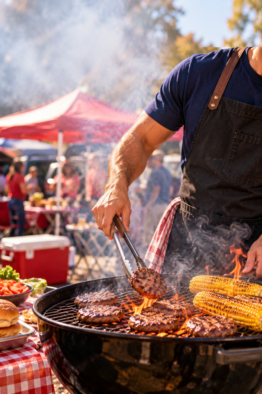 A man at a tailgate grill, cropped at the shoulders, wearing a navy t-shirt and black canvas apron while flipping burgers next to grilled corn, with a red tent and cooler behind