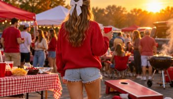 Tailgate outfit ideas: a woman seen from behind at a sunset college tailgate in an oversized red crewneck, denim shorts, white sneakers and a white hair bow, holding a red cup near tents, cornhole boards and a grill