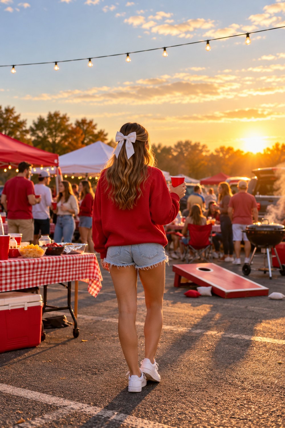 Tailgate outfit ideas: a woman seen from behind at a sunset college tailgate in an oversized red crewneck, denim shorts, white sneakers and a white hair bow, holding a red cup near tents, cornhole boards and a grill