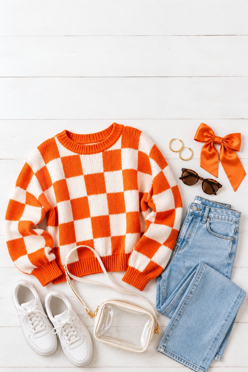 Orange and white checkerboard sweater flat lay with jeans, white sneakers and a clear stadium bag