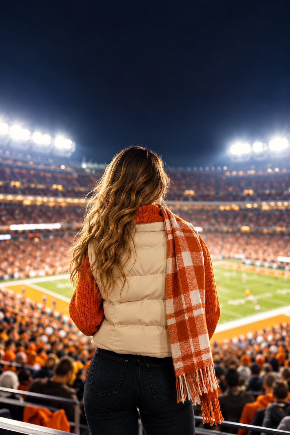 Cold weather Tennessee game day outfit with a cream puffer vest, orange turtleneck and plaid scarf at a night game