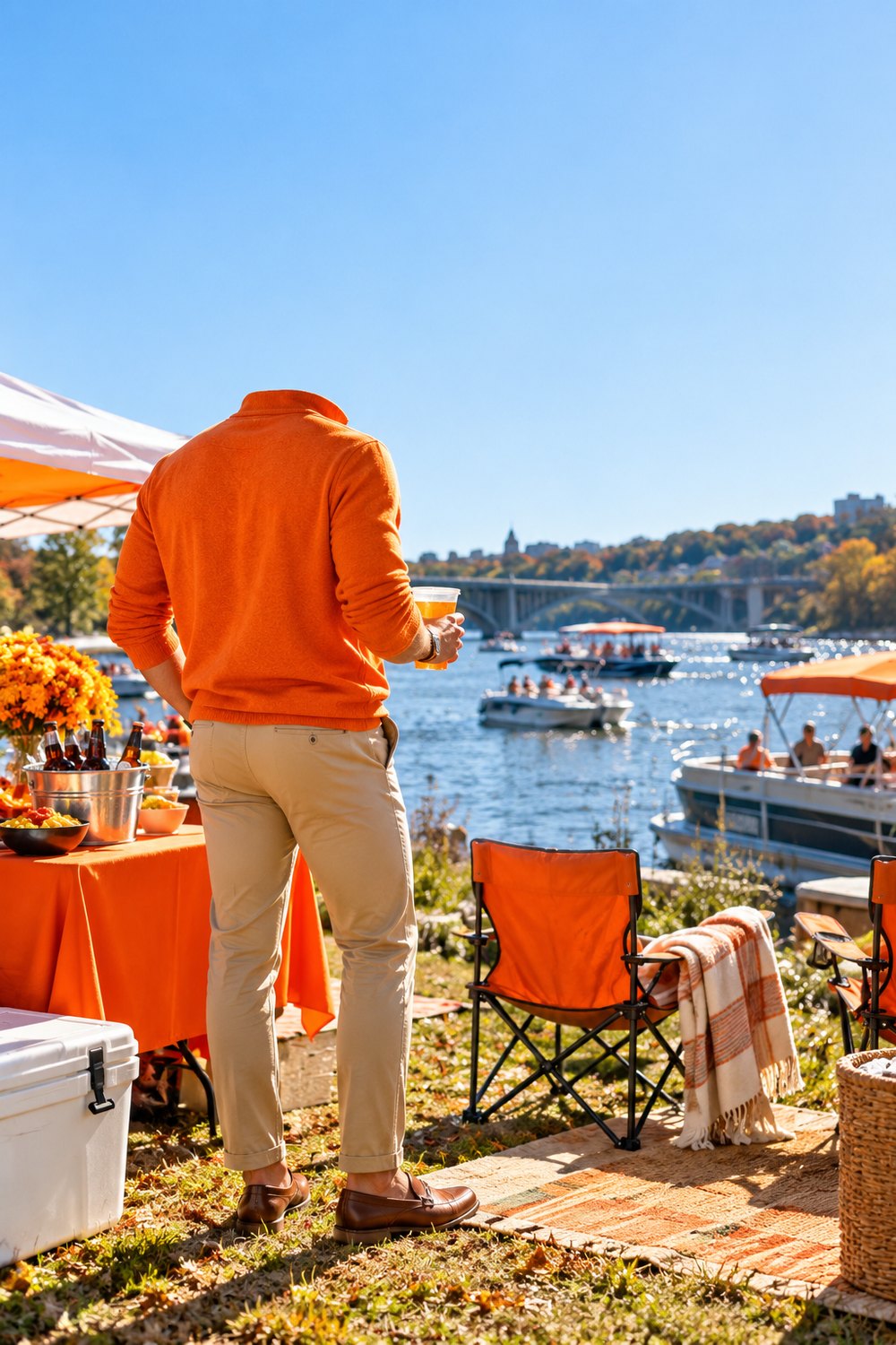 Men's Tennessee game day outfit with an orange quarter-zip, khaki chinos and loafers at a riverside tailgate