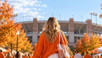 Tennessee game day outfit with an orange sweater, white shorts and white boots walking to the stadium