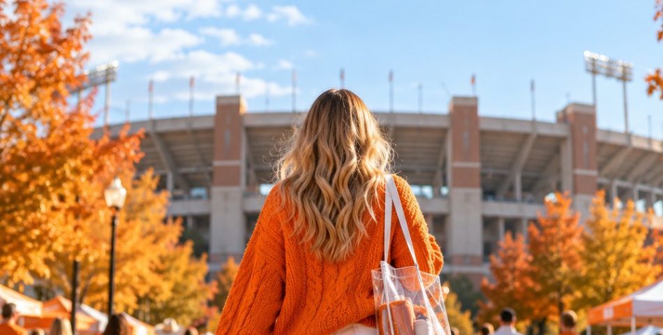 Tennessee game day outfit with an orange sweater, white shorts and white boots walking to the stadium