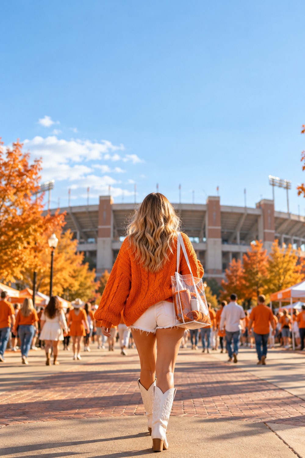 Tennessee game day outfit with an orange sweater, white shorts and white boots walking to the stadium