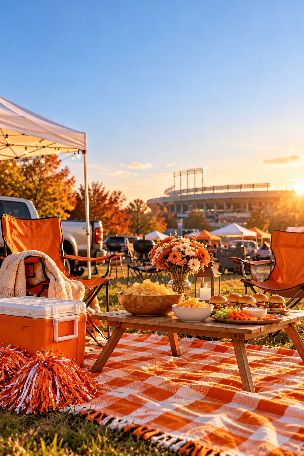 Orange and white tailgate setup with a checkered blanket, cooler and folding chairs