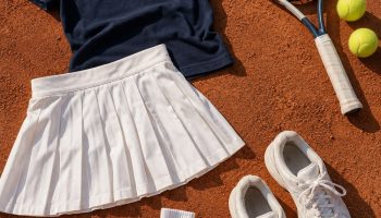 Flat lay on a clay tennis court: white pleated skirt, navy polo, white socks and sneakers, a racquet and two yellow balls