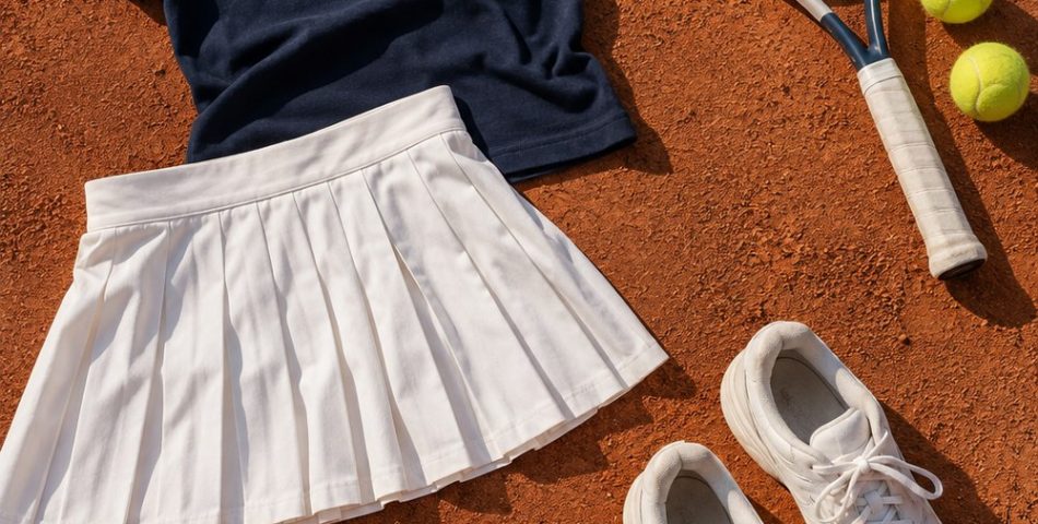 Flat lay on a clay tennis court: white pleated skirt, navy polo, white socks and sneakers, a racquet and two yellow balls