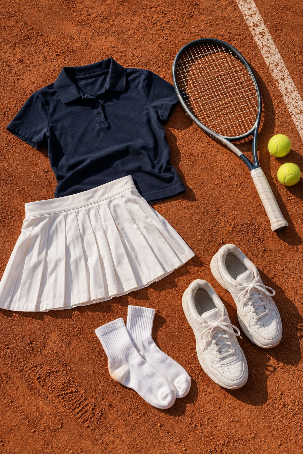 Flat lay on a clay tennis court: white pleated skirt, navy polo, white socks and sneakers, a racquet and two yellow balls