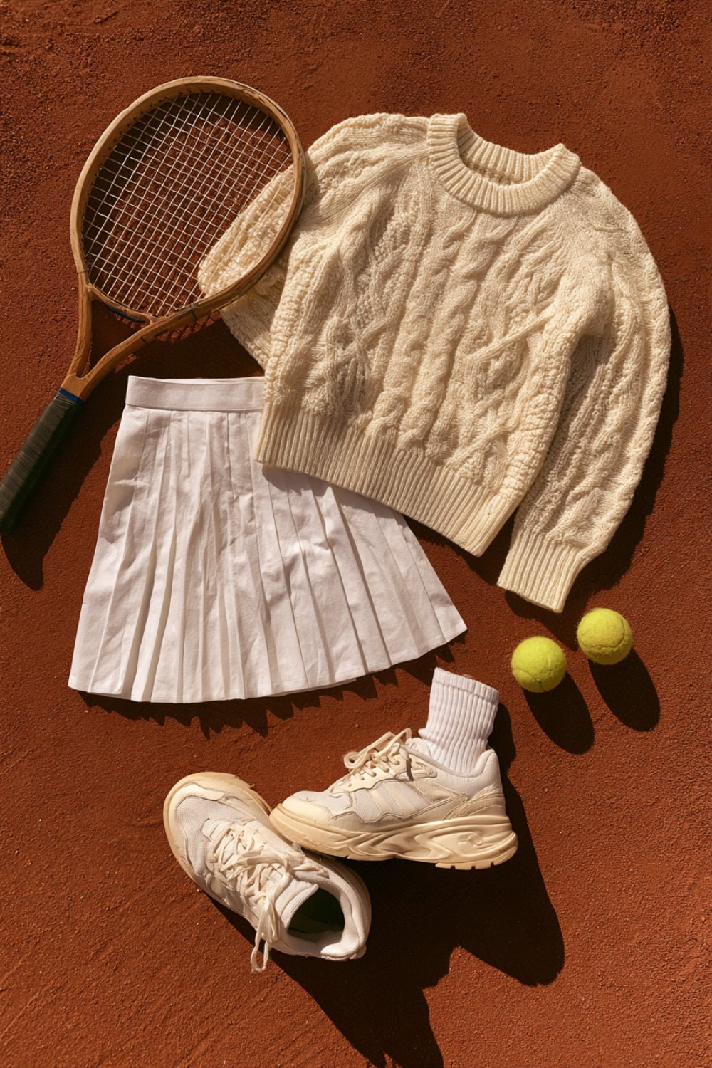 Tennis outfit flat lay on clay: white pleated skirt, cream cable knit sweater, white sneakers, socks, racquet and balls