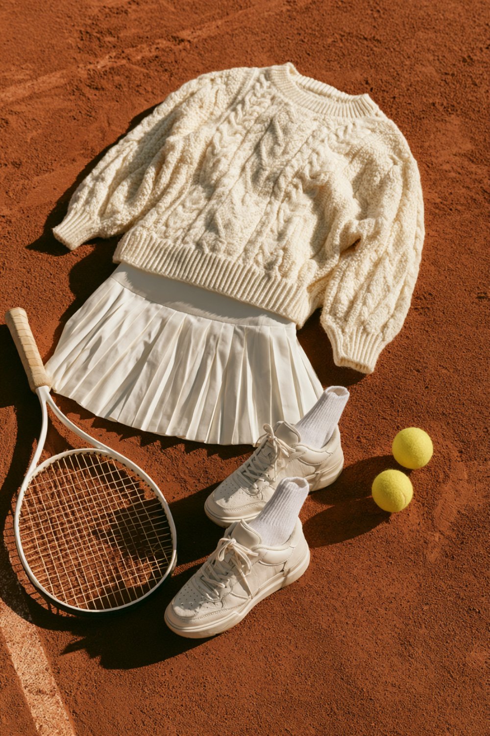 Cream cable knit sweater over a white pleated tennis skirt with a racquet, balls and white sneakers on clay