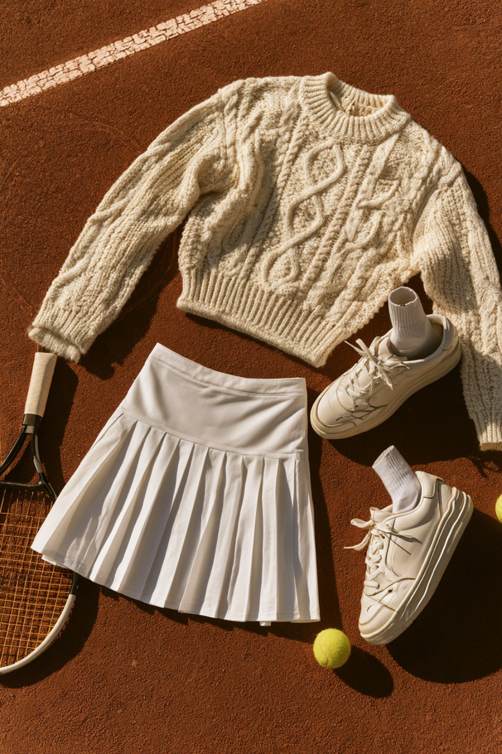 White tennis skirt, knit sweater, sneakers and a wooden style racquet arranged on a terracotta court