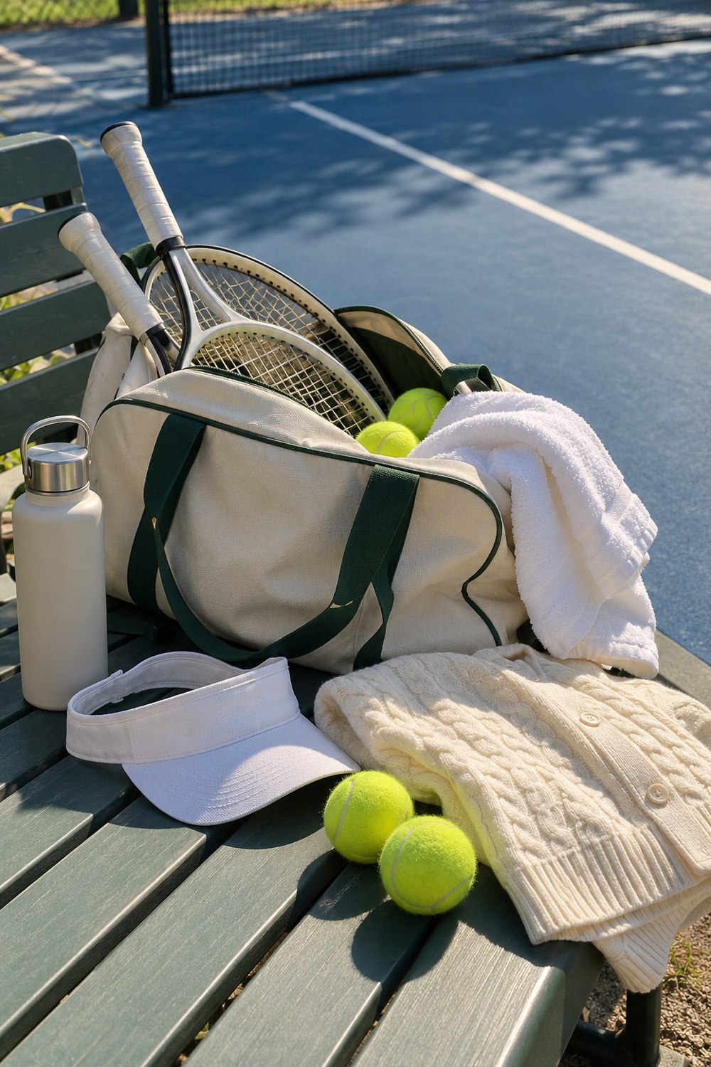 Tennis bag on a courtside bench with racquets, balls, water bottle, towel, visor and a cardigan