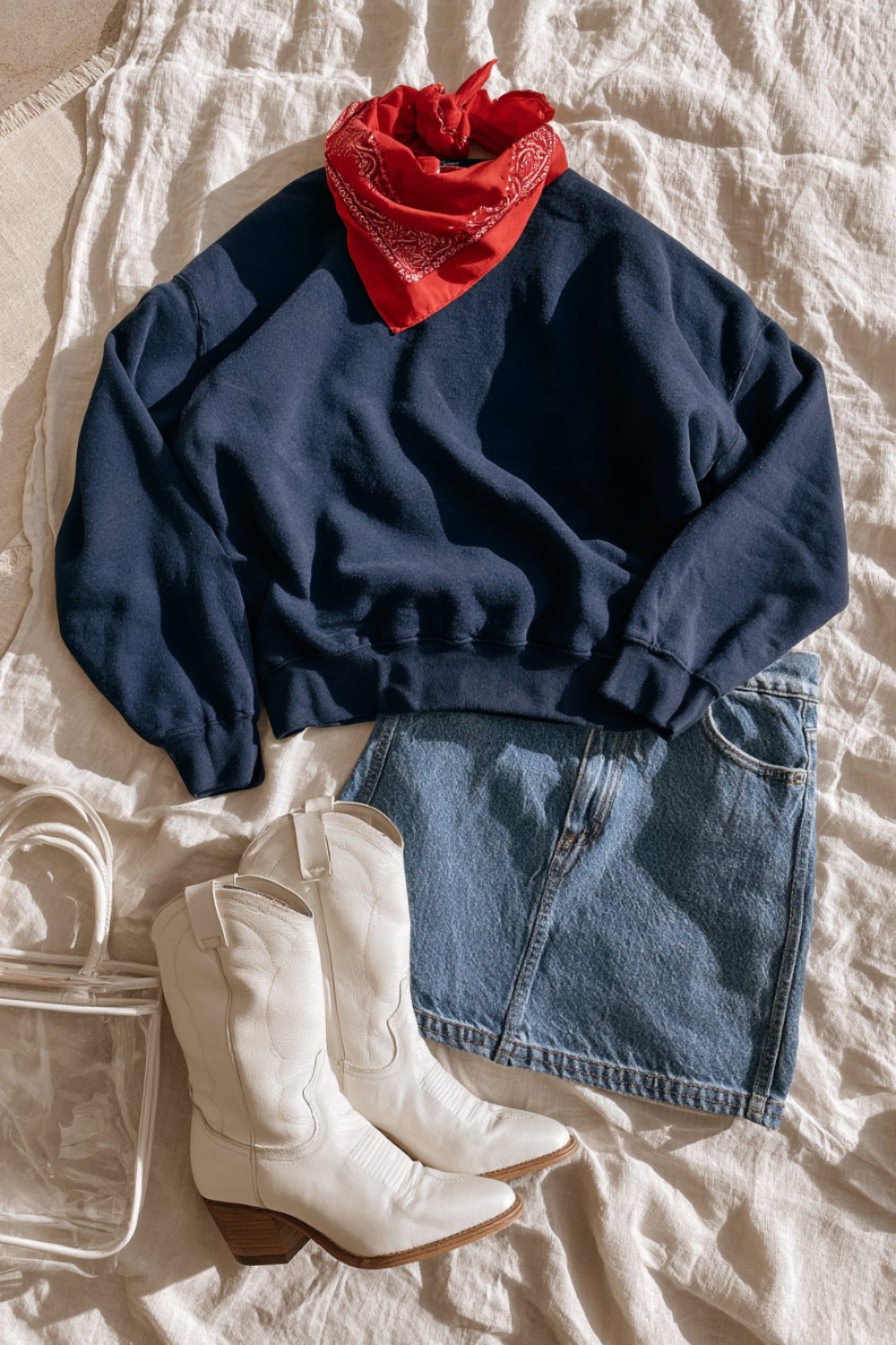 Flat lay of a navy crewneck sweatshirt, red bandana, denim skirt and white cowboy boots on linen