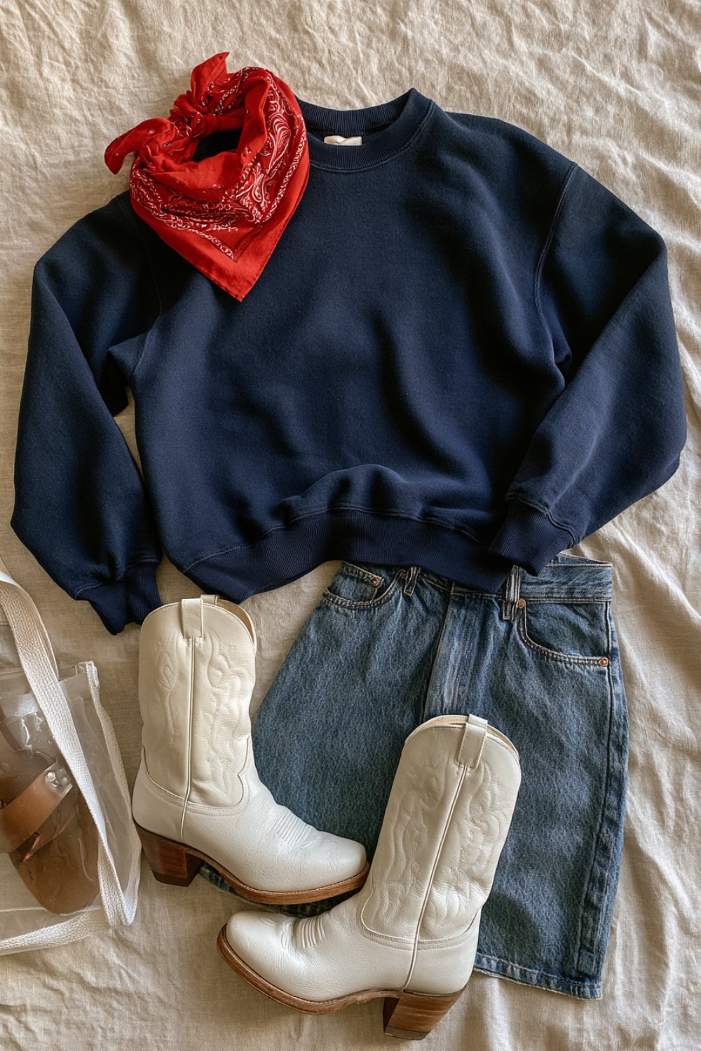 Navy sweatshirt with a red bandana, denim skirt and white western boots laid out for game day