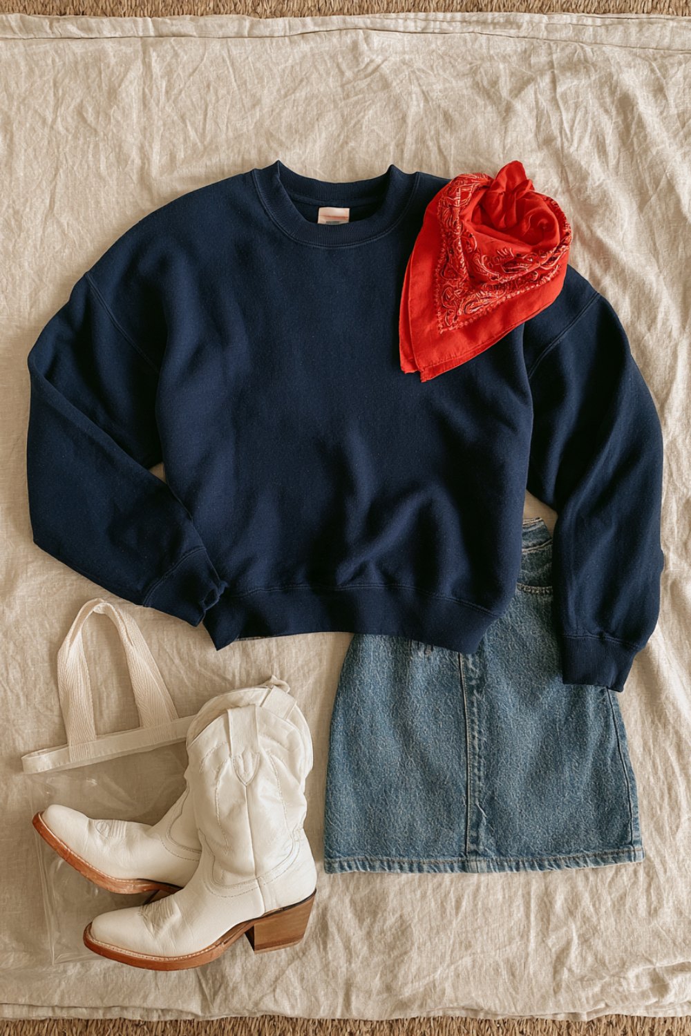 Navy and red game day flat lay with a denim skirt and white cowboy boots
