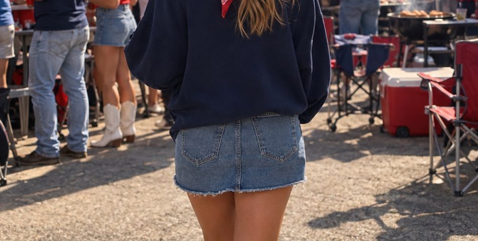 Woman seen from behind at a sunny tailgate in a navy sweatshirt, red bandana scarf, denim skirt and white cowboy boots