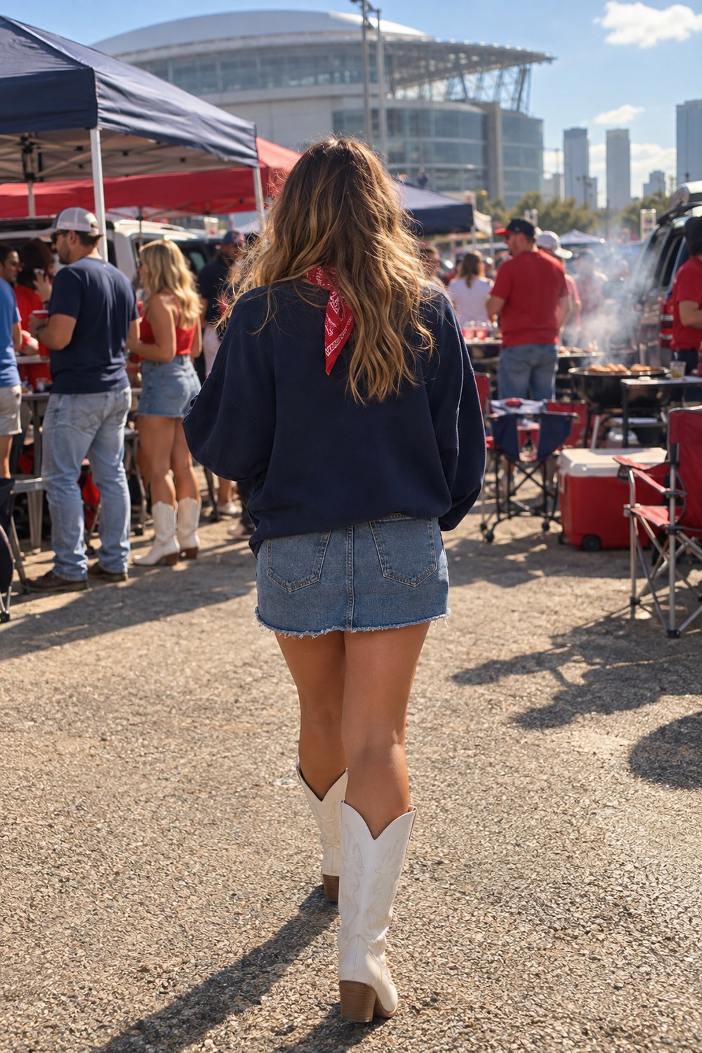 Woman seen from behind at a sunny tailgate in a navy sweatshirt, red bandana scarf, denim skirt and white cowboy boots