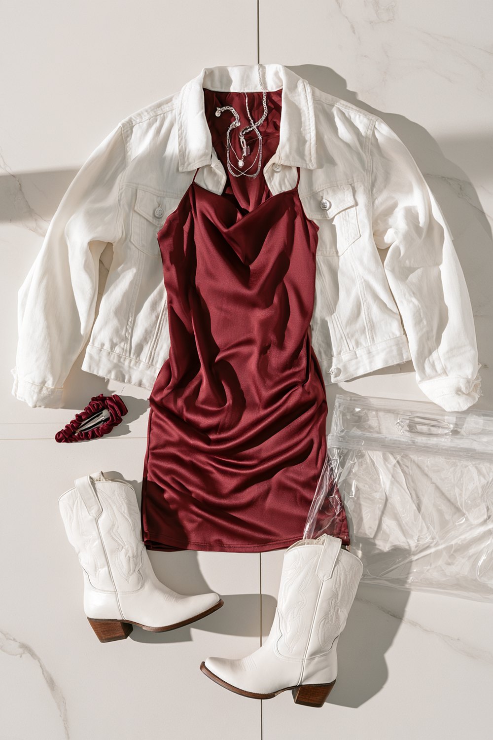 Dressy maroon and white Aggie game day look with white western boots