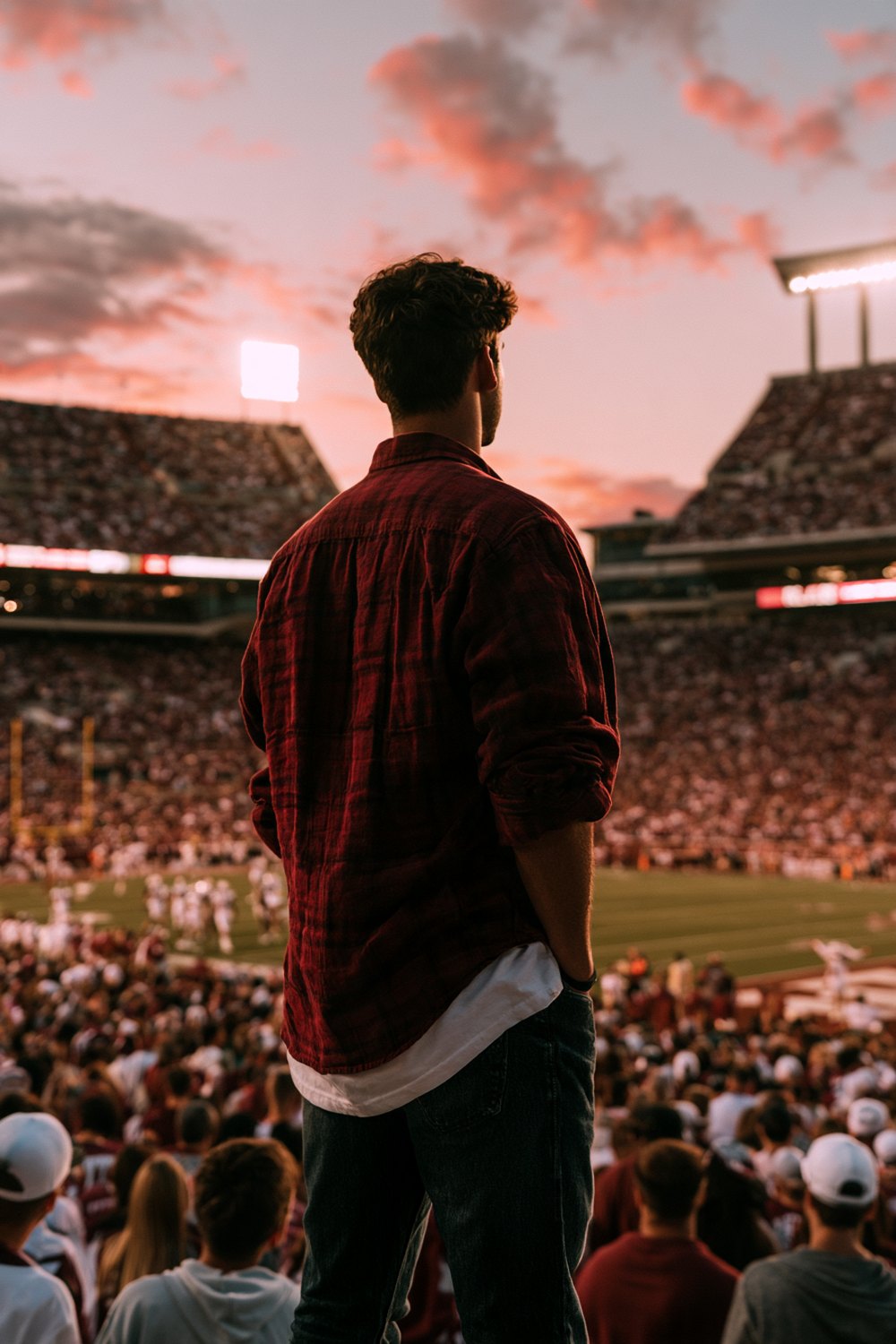 Men's maroon flannel over a white tee, seen from behind at an evening football game