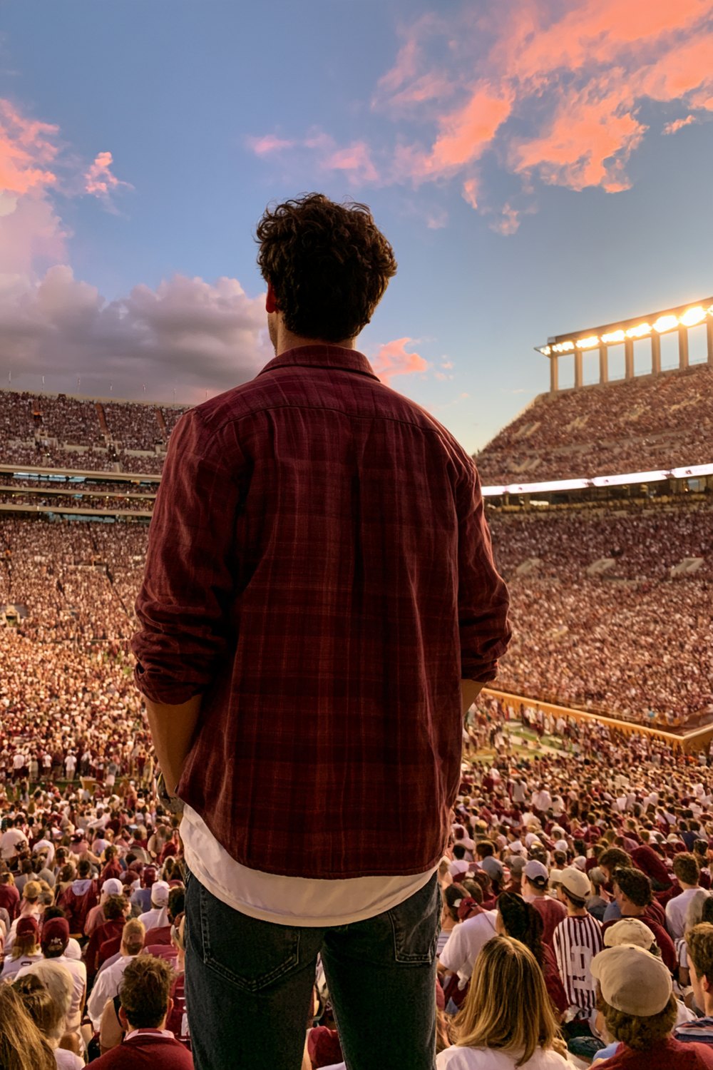 Man seen from behind in a maroon flannel shirt and dark jeans in a huge maroon and white stadium crowd