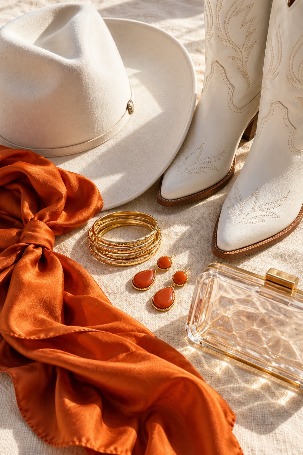 White cowboy hat, burnt orange silk scarf, gold bangles, orange drop earrings and a clear clutch on cream linen