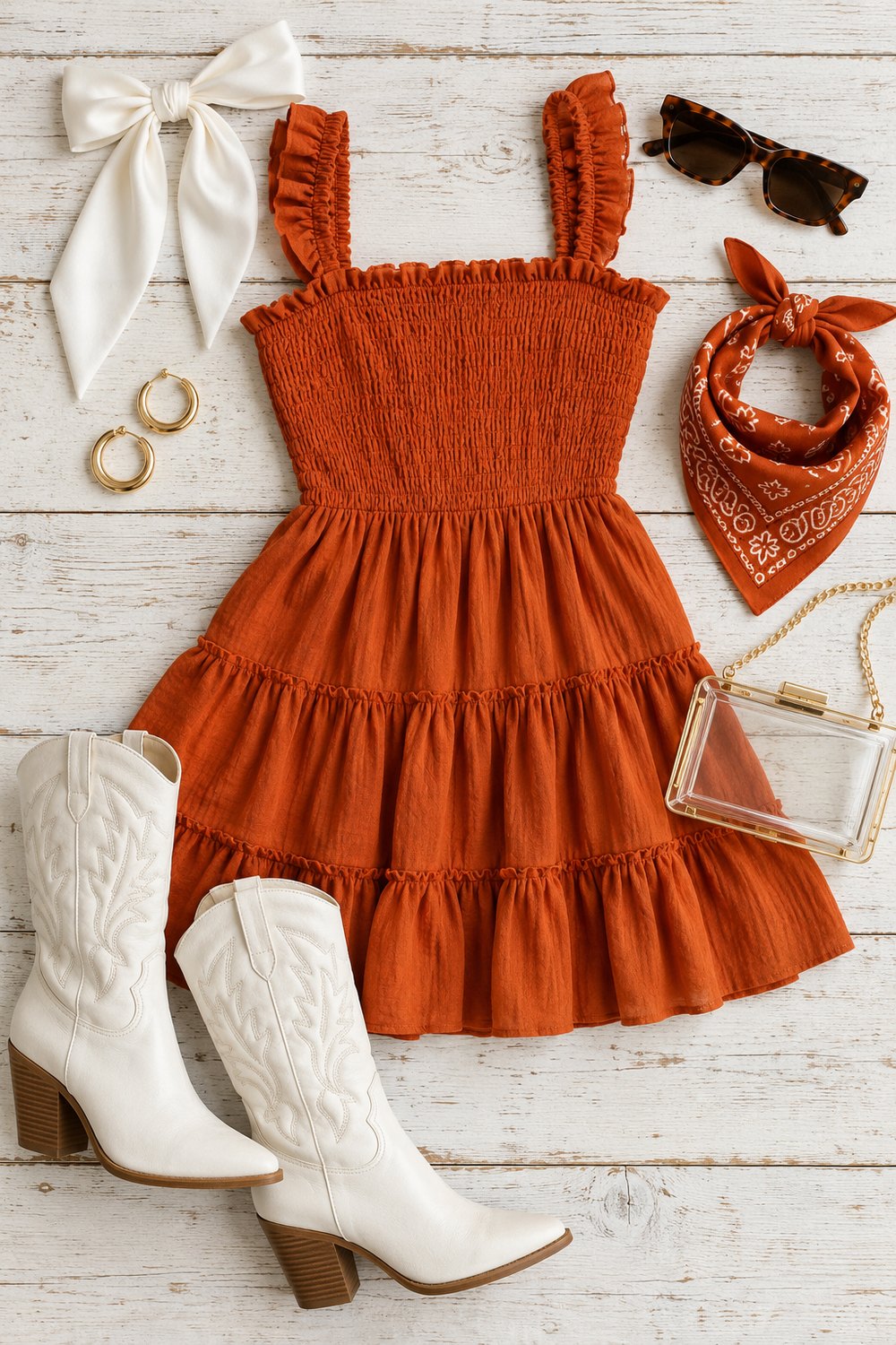 Flat lay of a burnt orange smocked mini dress with white western boots, clear stadium clutch, white bow and burnt orange bandana
