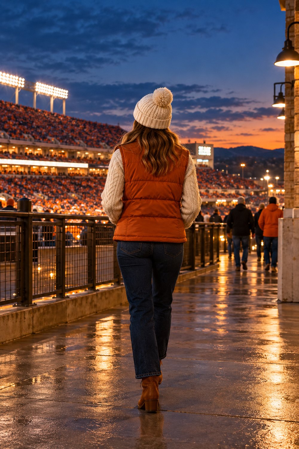 Woman seen from behind at a night game in a cream sweater, burnt orange puffer vest, jeans and white beanie