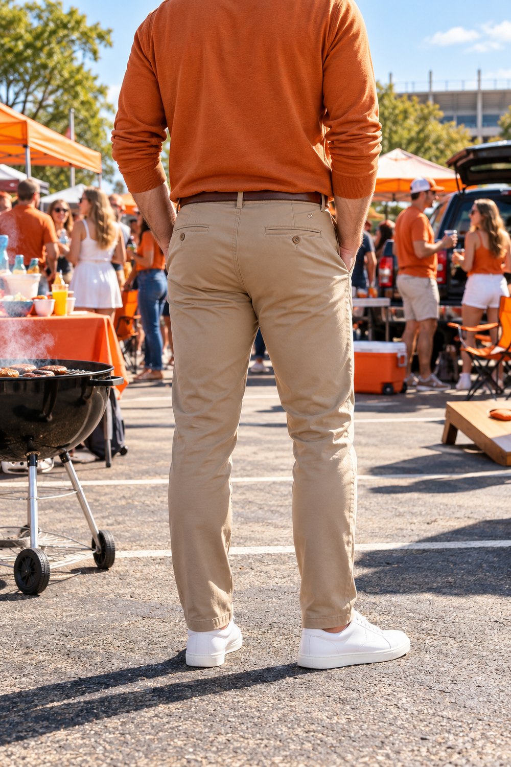 Man seen from behind at a tailgate in a burnt orange quarter-zip, tan chinos and white sneakers