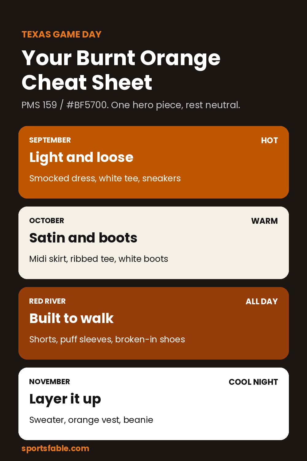 Burnt orange cheat sheet: light and loose for September, satin and boots for October, built to walk for Red River, layers for November