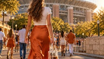 Woman seen from behind in a burnt orange satin midi skirt, white tee and white cowboy boots walking toward a college football stadium