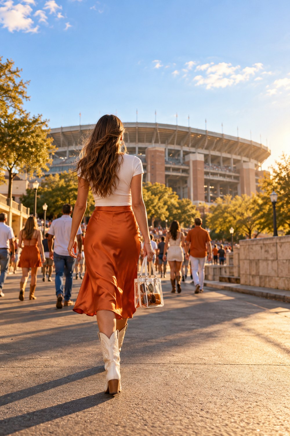 Woman seen from behind in a burnt orange satin midi skirt, white tee and white cowboy boots walking toward a college football stadium