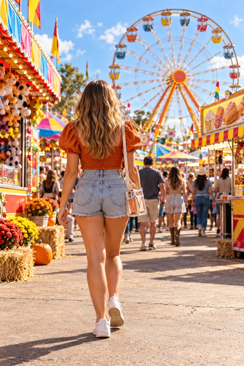 Woman seen from behind at a state fair midway in a burnt orange puff-sleeve top, denim shorts and white sneakers
