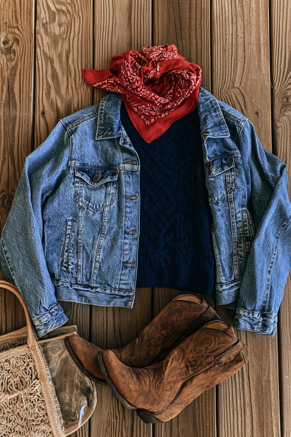 Flat lay of a light denim jacket, navy sweater, red bandana and brown cowboy boots on a wooden porch