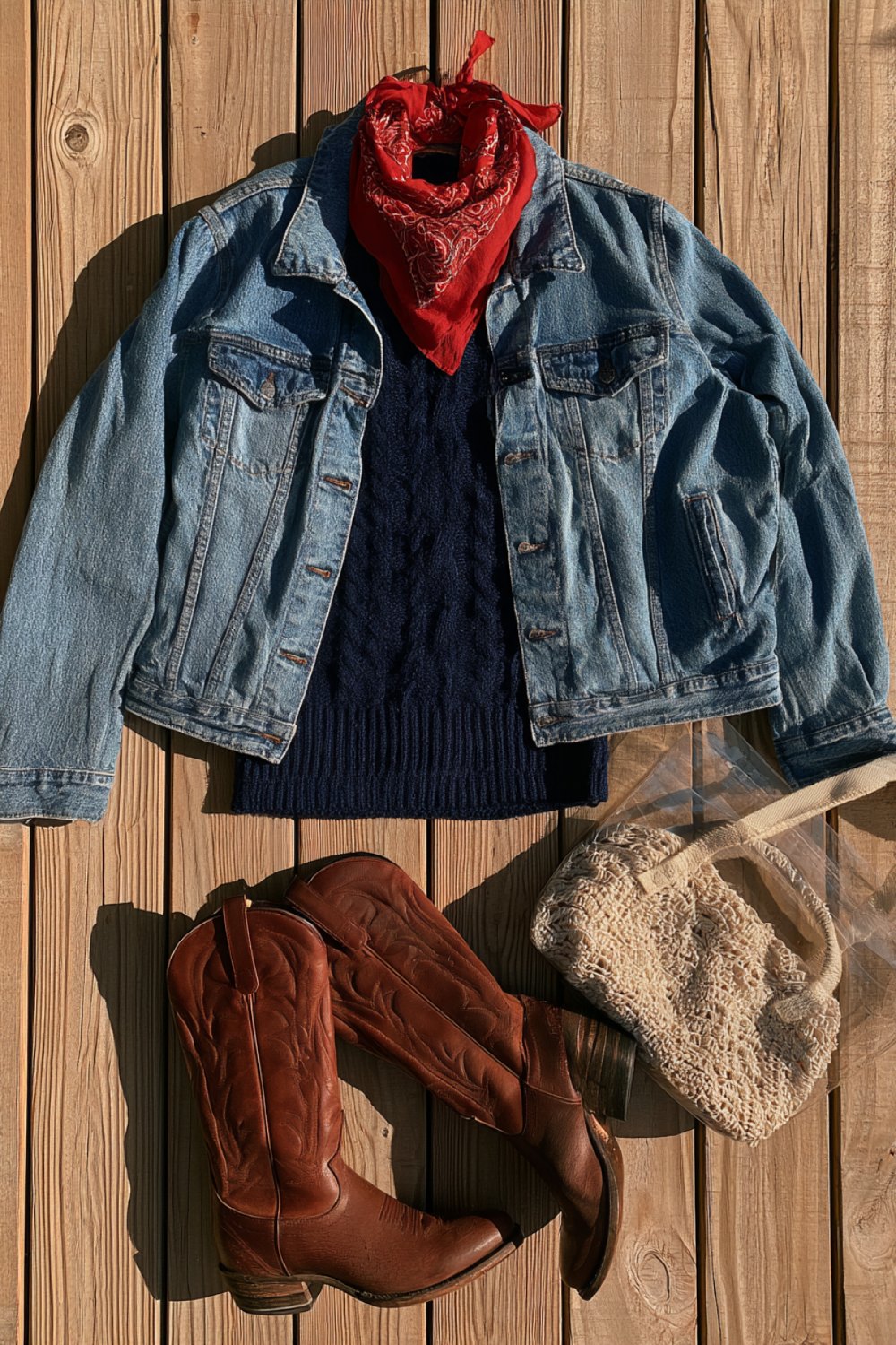 Denim jacket with a navy knit, red bandana and western boots laid out with a clear tote
