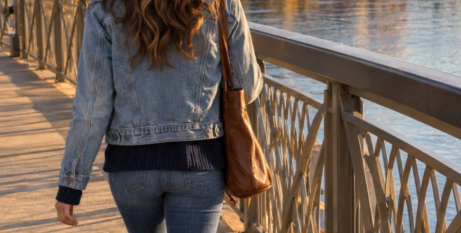 Woman seen from behind on a riverside pedestrian bridge in a light blue denim jacket, red bandana and brown cowboy boots, with a stadium ahead