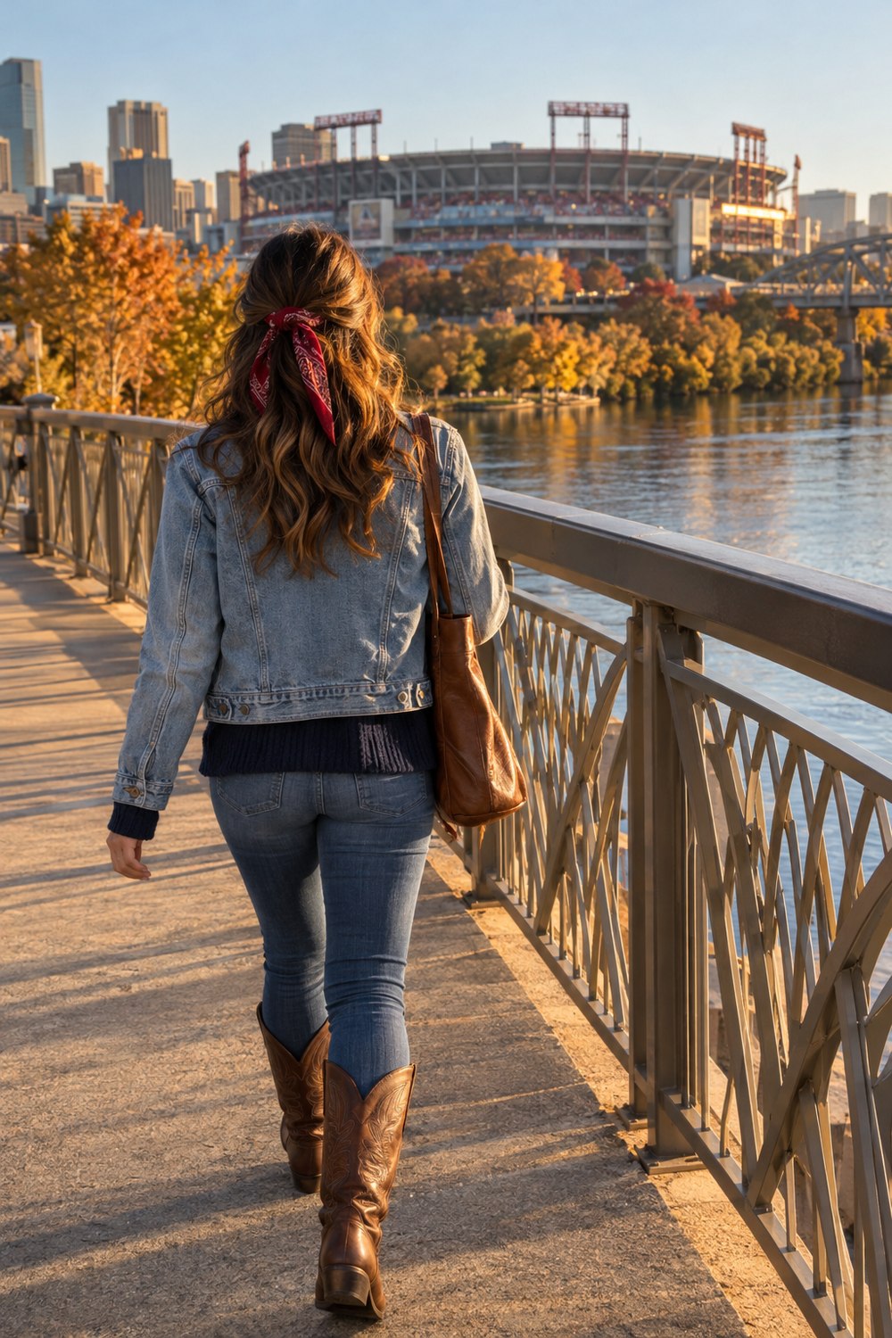 Woman seen from behind on a riverside pedestrian bridge in a light blue denim jacket, red bandana and brown cowboy boots, with a stadium ahead